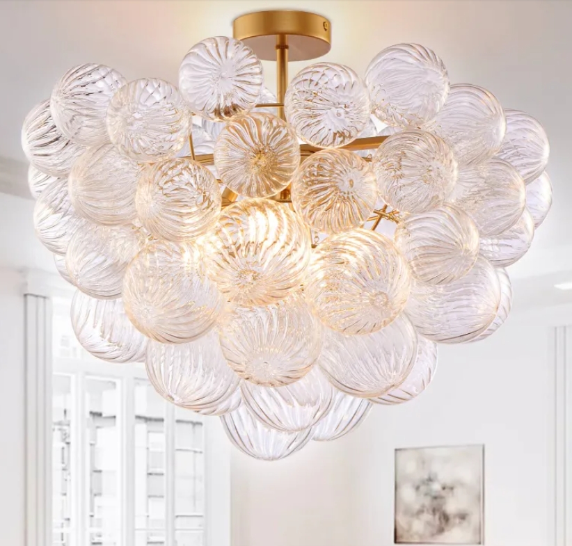 What design elements make the Bubble Glass Ceiling Light in Talia style with a brass finish stand out in modern interiors|remshep-reps2024?